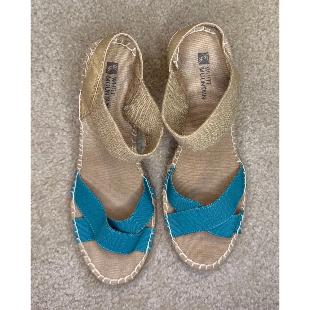 White‎ Mountain Laughline Teal Blue Tan Espadrille Wedge Sandals Womens 9M